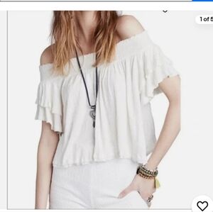 FREE PEOPLE ~Size L ~ Flutter Sleeve SANTORINI off Shoulder Gauzy Crop Top